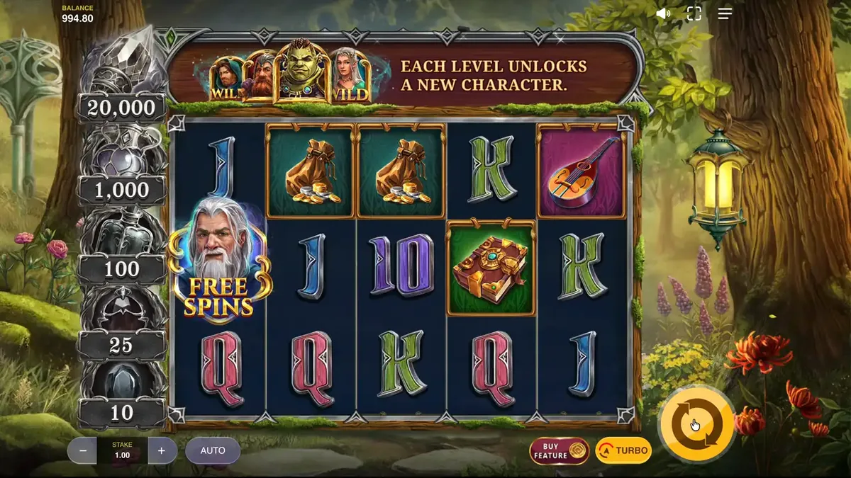 Land of Riches slot game interface showing fantasy forest theme