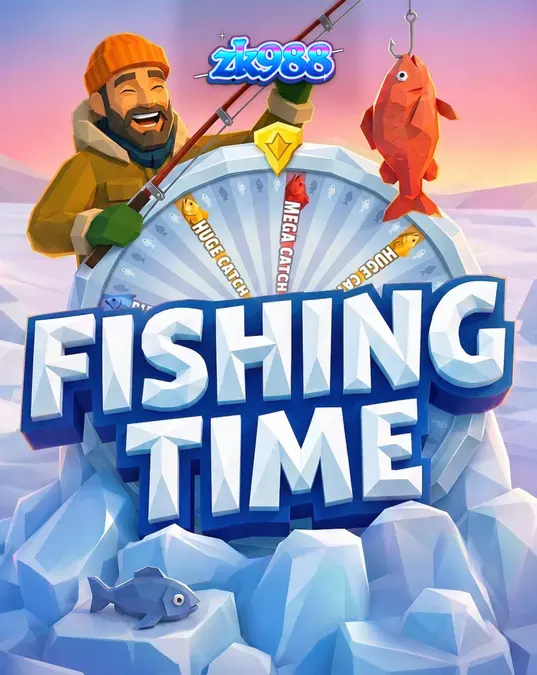 Pemandangan musim dingin yang tenang di game slot Fishing Time dengan roda keberuntungan di latar depan.